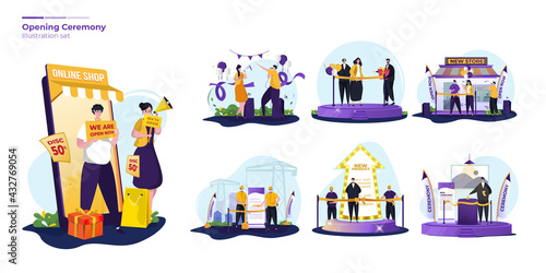 Illustration set about opening ceremony with a ribbon-cutting ceremony