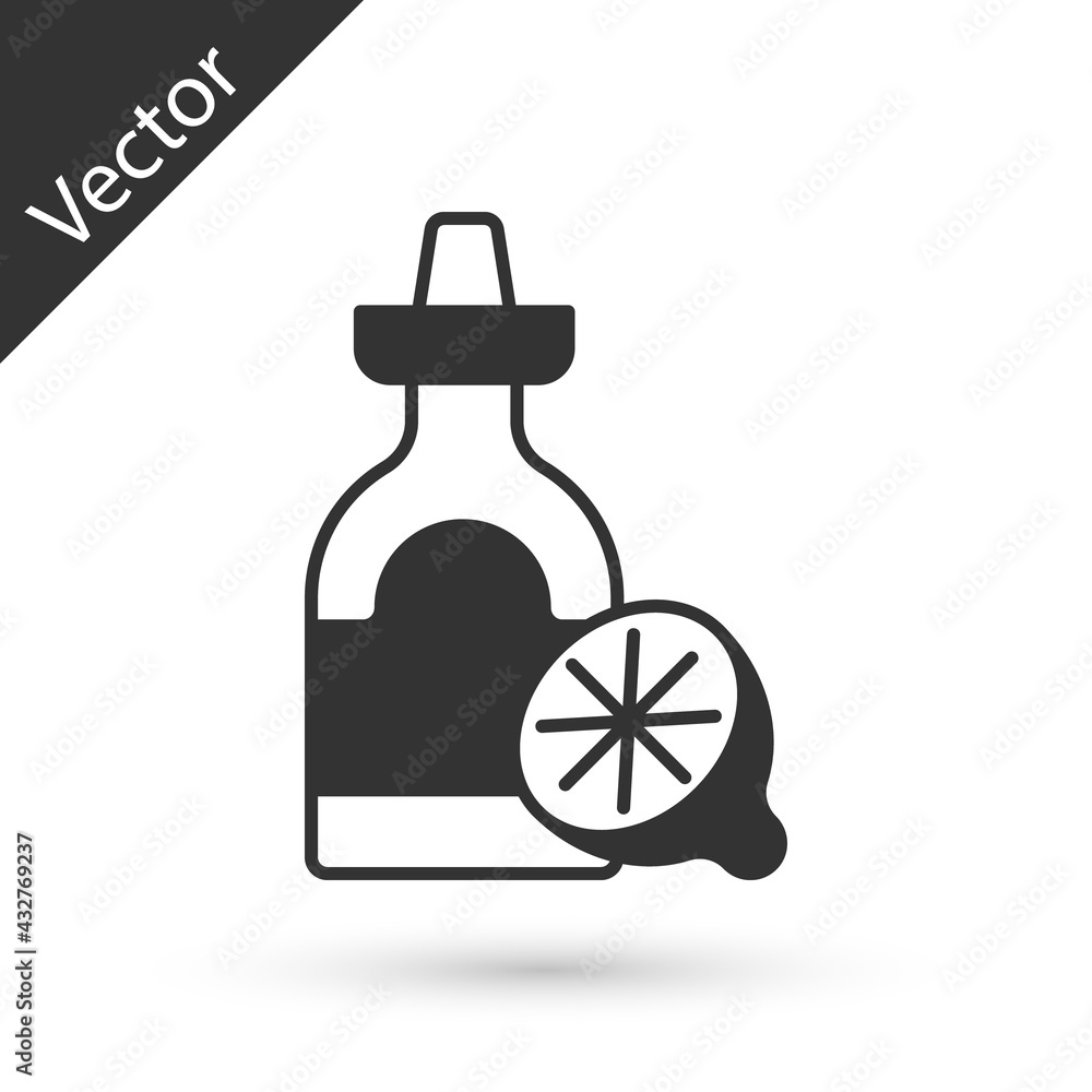 Grey Tequila bottle with lemon icon isolated on white background. Mexican alcohol drink. Vector