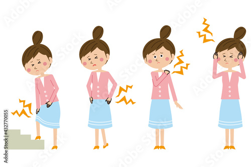 ポップな女性　膝痛・腰痛・肩こり・頭痛　4セット