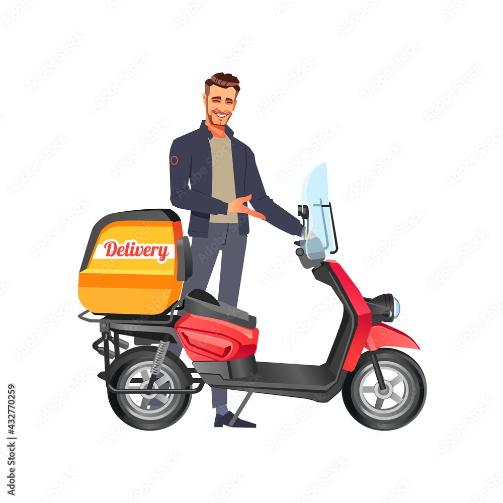 Delivery man with red scooter. Cartoon vector illustration isolated on white background Delivery man with red scooter. Cartoon vector illustration isolated on white background