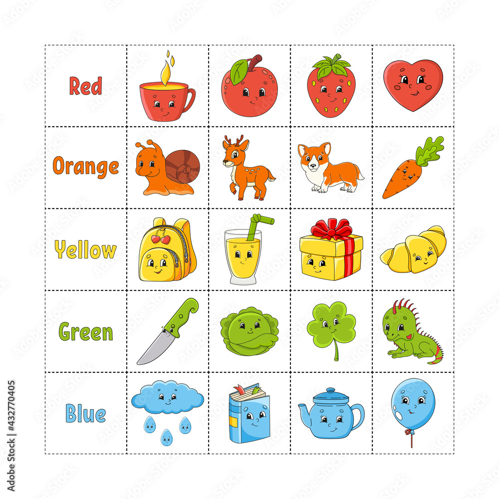 Fototapeta premium Learning colors for kids. Cut and play. Cute cartoon characters. Picture set for preschoolers. Education worksheet. Vector illustration.