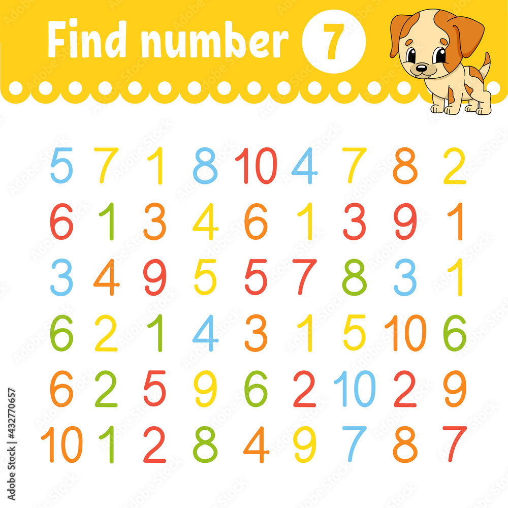 Fototapeta premium Find number. Education developing worksheet. Activity page with pictures. Game for children. Color isolated vector illustration. Funny character. Cartoon style.