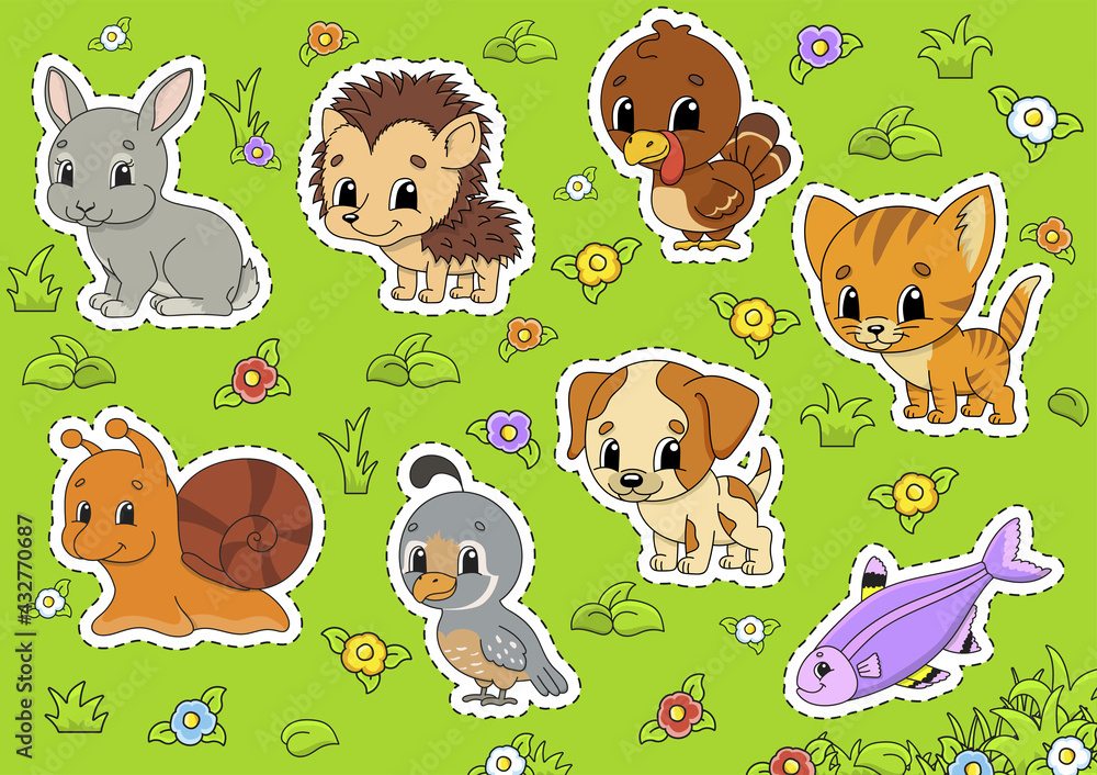Naklejka premium Set animals. Cute cartoon characters. Pet clipart. Hand drawn. Colorful pack. Vector illustration. Patch badges collection. Label design elements. For daily planner, diary, organizer.