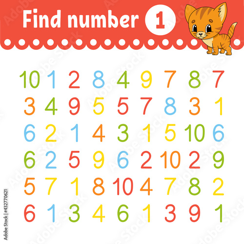 Find number. Education developing worksheet. Activity page with pictures. Game for children. Color isolated vector illustration. Funny character. Cartoon style.