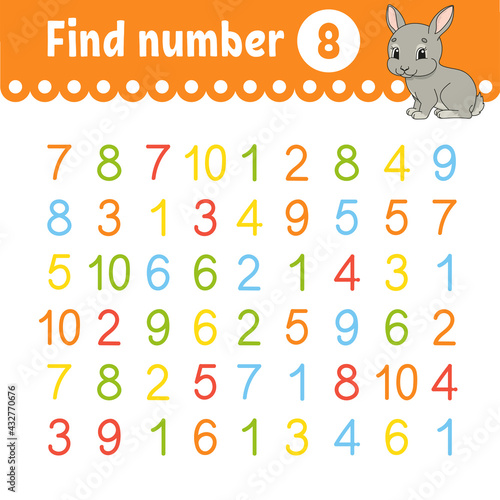 Find number. Education developing worksheet. Activity page with pictures. Game for children. Color isolated vector illustration. Funny character. Cartoon style.