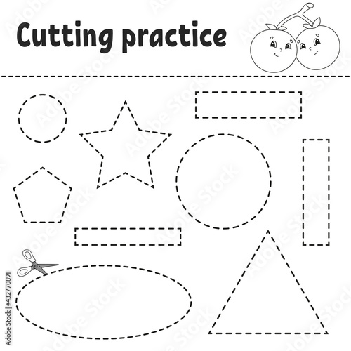 Cutting practice for kids. Education developing worksheet. Activity page with pictures. Game for children. Isolated vector illustration. Funny character. Cartoon style.