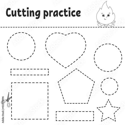 Cutting practice for kids. Education developing worksheet. Activity page with pictures. Game for children. Isolated vector illustration. Funny character. Cartoon style.