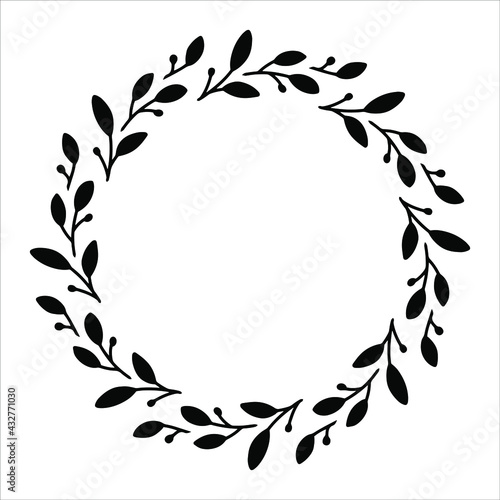 Vector hand drawn spring wreath isolated on white background. Silhouette circle of leaves. Doodle style. Floral frame.