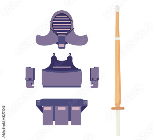Kendo bougu, kendo armor clothes with shinai bamboo wooden sword, Japanese traditional martial art, Samurai. Asia culture. Combative fight sport concept.  