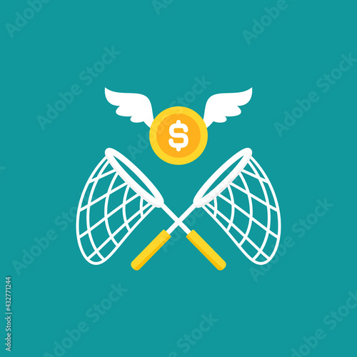 Two crossed butterfly nets with flying golden coins. Catch, hunt, chase money symbol.
