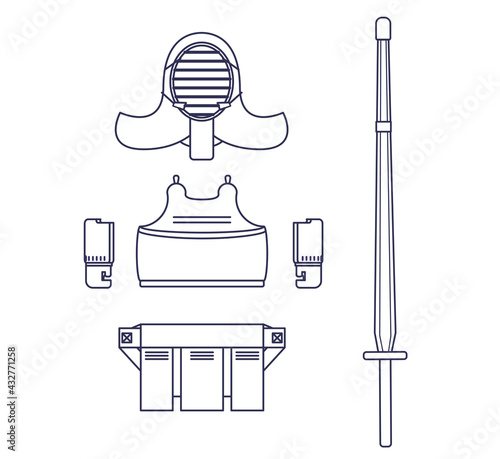 Kendo bougu, kendo armor clothes with shinai bamboo wooden sword, Japanese traditional martial art, Samurai. Asia culture. Combative fight sport concept. Line vector.