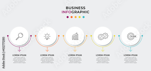 Vector Infographic circle label design business template with icons and 5 options or steps. Can be used for process diagram, presentations, workflow layout, banner, flow chart, info graph