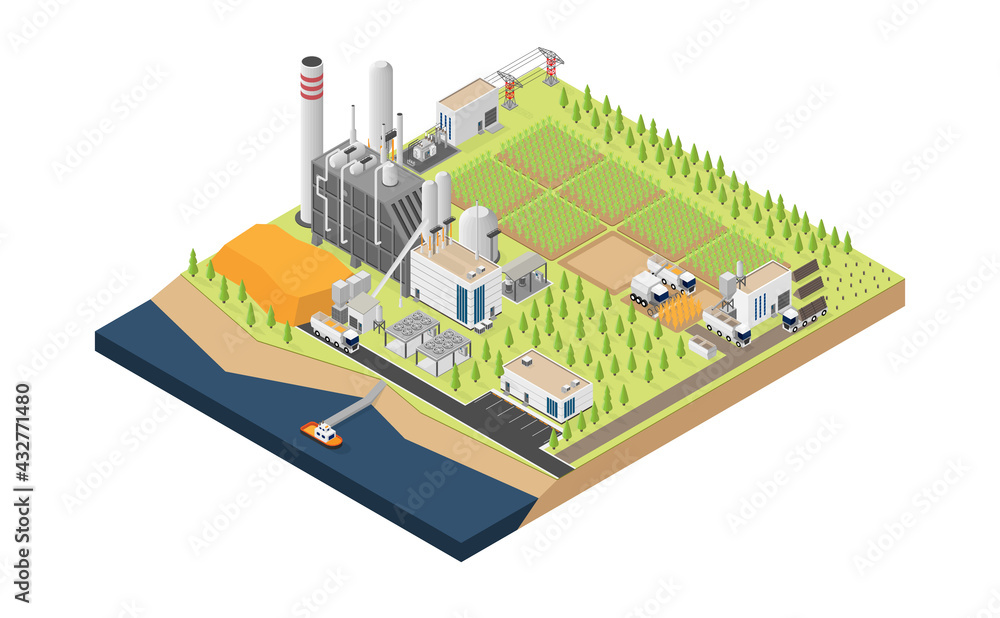 biomass energy, biomass power plant in isometric graphic biomass energy, biomass power plant in isometric graphic