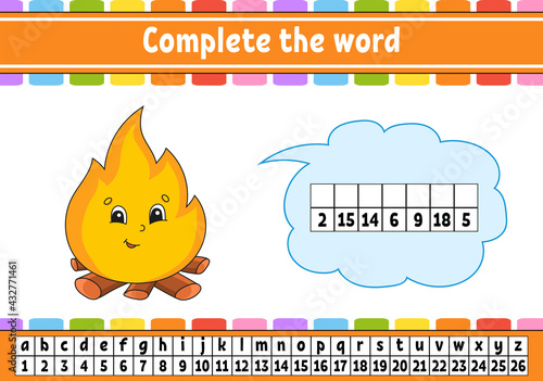 Complete the words. Cipher code. Learning vocabulary and numbers. Education worksheet. Activity page for study English. Isolated vector illustration. Cartoon character. Barbecue theme.