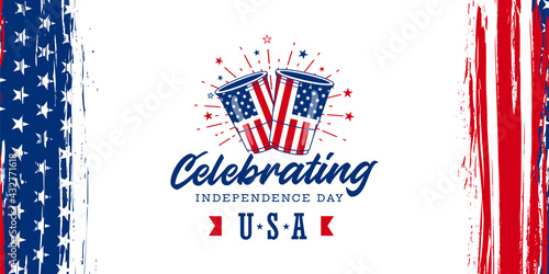 Simple Celebrating USA Independence day design with Beer and fireworks,  on vertical USA grunge flag background. Vector illustration.
