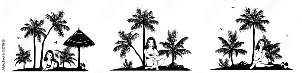 summer landscape with palm trees, sun seagulls and a straw umbrella vector. girl by ocean vector silhouette. girl on beach drawing sketch vector. vector. sketch