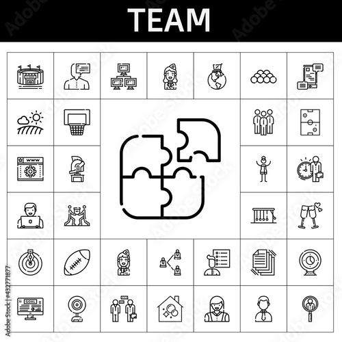 team icon set. line icon style. team related icons such as woman, housekeeping, employee, air hockey, newtons cradle, network, ball, basketball, user list, communications, helmet