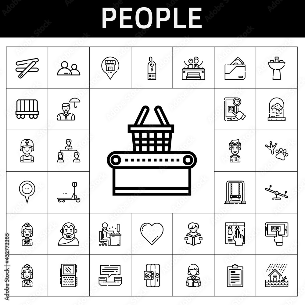 people icon set. line icon style. people related icons such as online shopping, wagon, employee, supermarket, voice recorder, online shop, phone call, stick, placeholder, aristotle