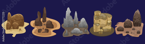 Stone, rocks, set vector illustration. A fragment of a mountain, rough, hard rock. Geology, stone material concept. Mountain landscape. Gravel or concrete texture. Boulder, cobble on the ground, sand.
