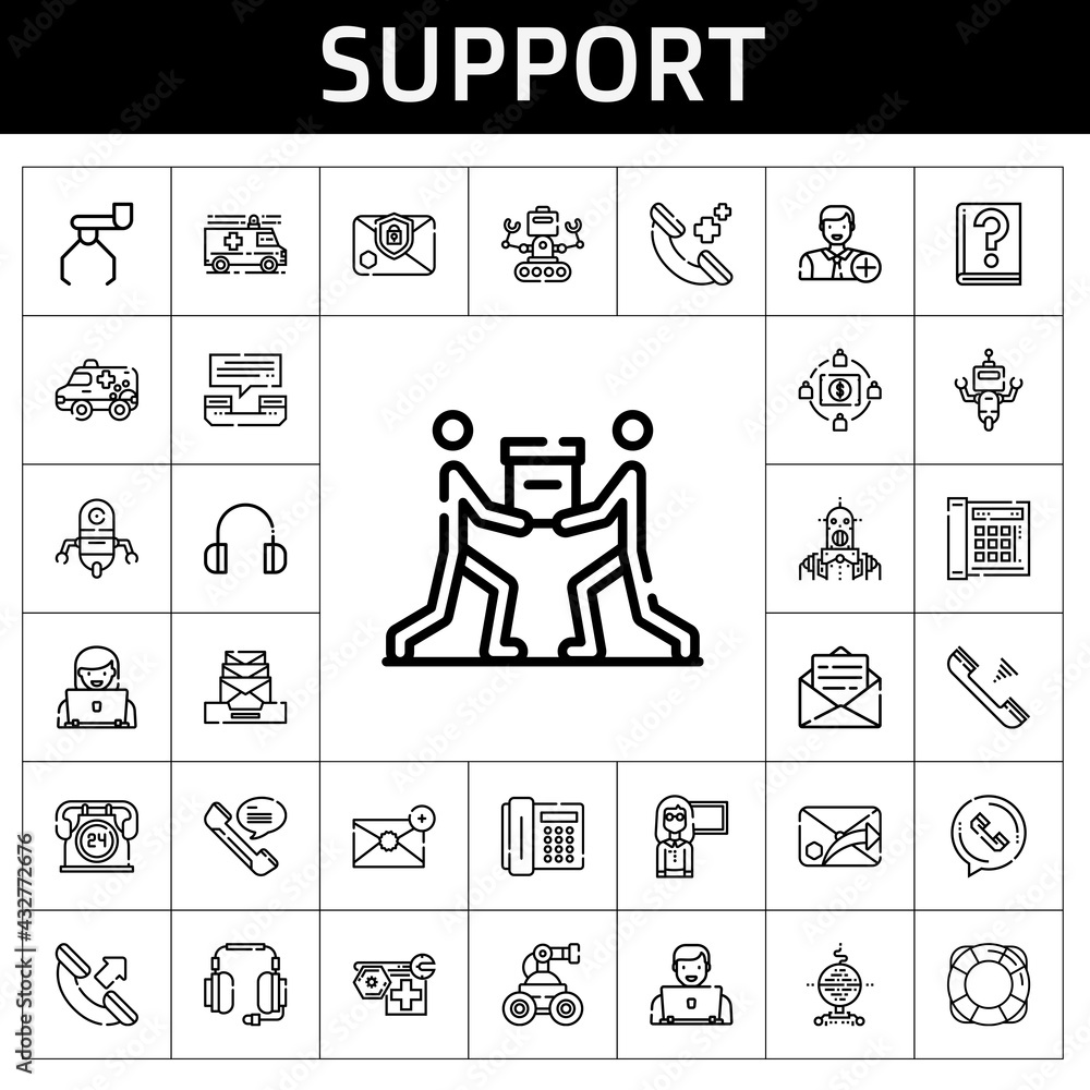 support icon set. line icon style. support related icons such as headphones, lifesaver, telephone, ambulance, robot, teamwork, phone, add user, 24 hours, crowdfunding, phone call support icon set. line icon style. support related icons such as headphones, lifesaver, telephone, ambulance, robot, teamwork, phone, add user, 24 hours, crowdfunding, phone call