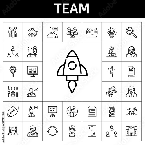 team icon set. line icon style. team related icons such as woman, air hockey, employee, network, ball, file, startup, man, scoreboard, hospital, zoom out, group, job search