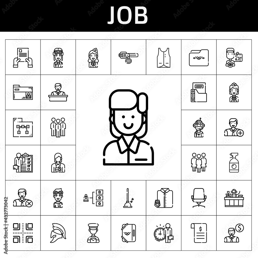 job icon set. line icon style. job related icons such as pilot, collar, contract, vest, suit and tie, employee, desk chair, skills, stewardess, folder, receptionist, driver job icon set. line icon style. job related icons such as pilot, collar, contract, vest, suit and tie, employee, desk chair, skills, stewardess, folder, receptionist, driver