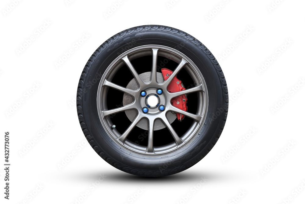 Clipping path. Close up of Silver Wheel super car isolated on white background view. Magneto wheels. Movement.  Move car. Top view. Flat lay view.