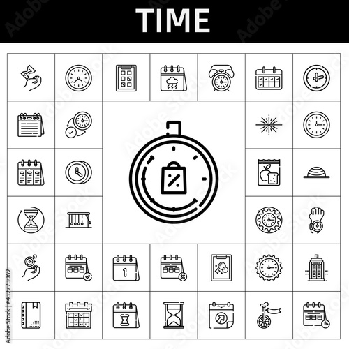 time icon set. line icon style. time related icons such as calendar, police box, alarm clock, limited time, wall clock, clock, big bang, agenda, newtons cradle, meal