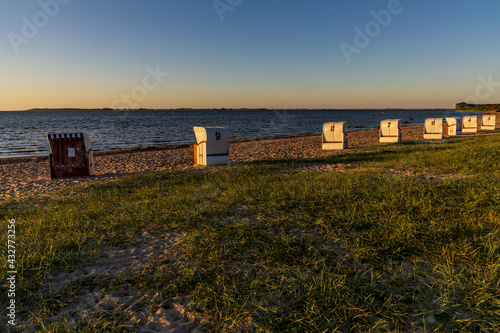 Evening at the Baltic Sea, with Beach chairs and the beach in Zierow, Mecklenburg-Western Pomerania, Germany