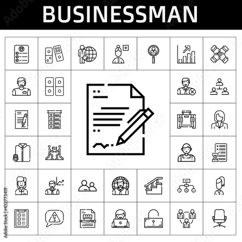 businessman icon set. line icon style. businessman related icons such as profits, job search, briefcase, hierarchical structure, contract, stairs, suit and tie, employee
