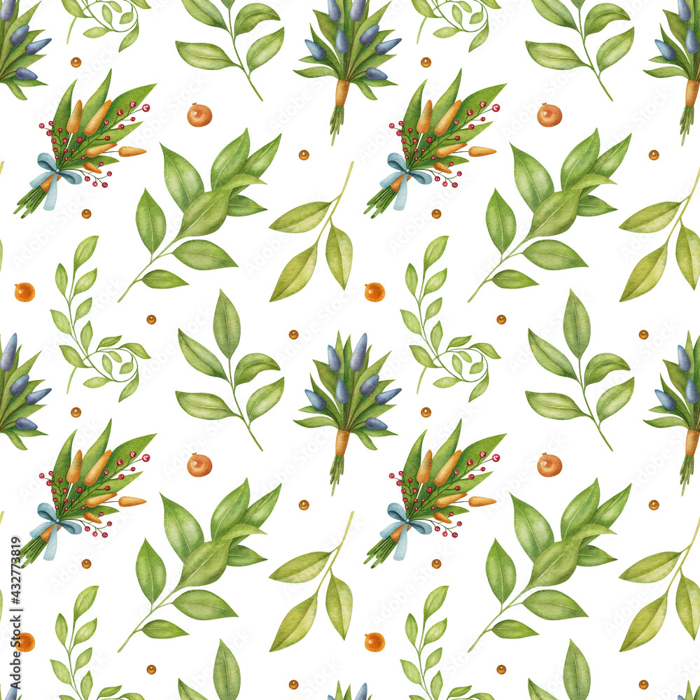 custom made wallpaper toronto digitalSeamless watercolor pattern with bouquet, leaf, and berry on light background. Bright summer illustration. Ideal for postcards, greeting cards, wrapping and other design.