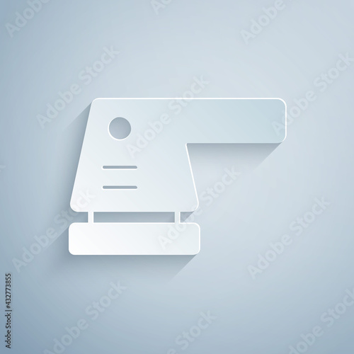 Paper cut Electric sander icon isolated on grey background. Orbital sander. For floor and wooden planks sanding sandpaper. Paper art style. Vector