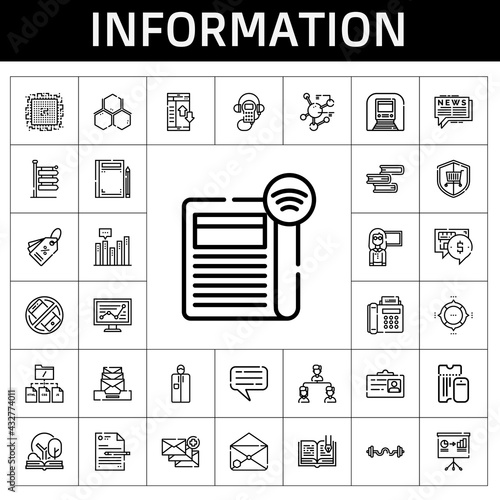 information icon set. line icon style. information related icons such as newspaper, book, presentation, line chart, security, audio guide, signs, file, open book, bar chart