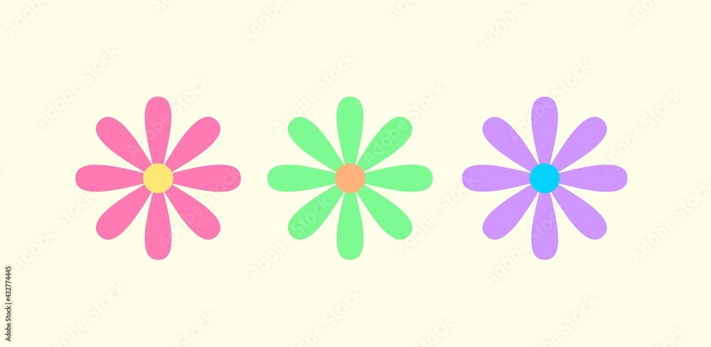 THREE DAISY FLOWERS IN PASTEL COLORS WITH A LIGHT BACKGROUND THREE DAISY FLOWERS IN PASTEL COLORS WITH A LIGHT BACKGROUND