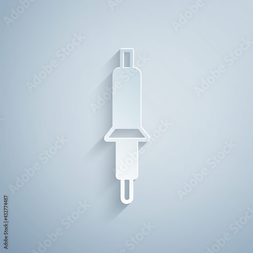 Paper cut Soldering iron icon isolated on grey background. Paper art style. Vector