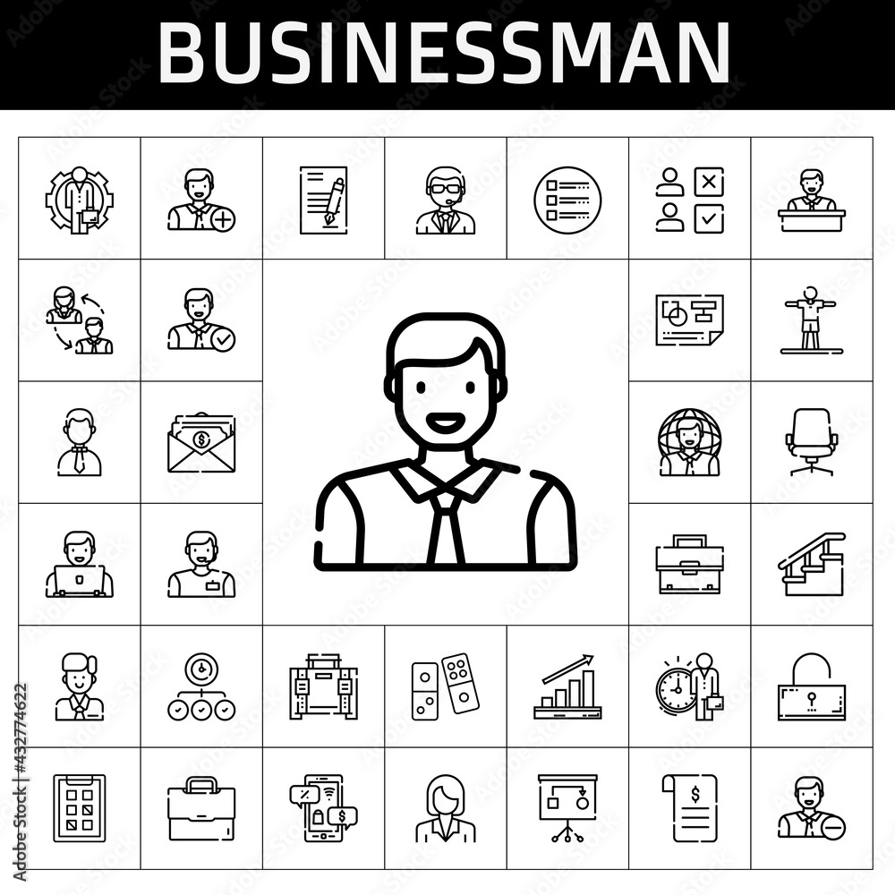 businessman icon set. line icon style. businessman related icons such as profits, briefcase, doorman, contract, stairs, employee, stretching, list, salary, desk chair, unlocked businessman icon set. line icon style. businessman related icons such as profits, briefcase, doorman, contract, stairs, employee, stretching, list, salary, desk chair, unlocked
