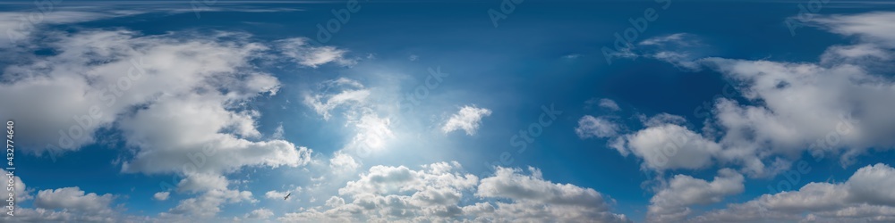 Blue sky panorama with Cirrus clouds in Seamless spherical equirectangular format. Full zenith for use in 3D graphics, game and editing aerial drone 360 degree panoramas for sky replacement. Blue sky panorama with Cirrus clouds in Seamless spherical equirectangular format. Full zenith for use in 3D graphics, game and editing aerial drone 360 degree panoramas for sky replacement.