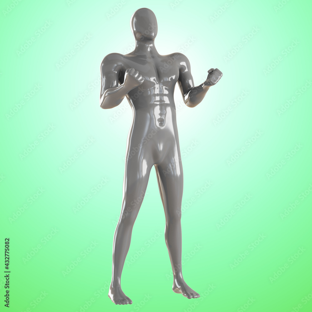 A gray male abstract mannequin stands with his hands clenched into fists on a turquoise backlit background. 3d rendering A gray male abstract mannequin stands with his hands clenched into fists on a turquoise backlit background. 3d rendering