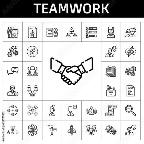 teamwork icon set. line icon style. teamwork related icons such as settings, handshake, hierarchical structure, branding, team, discussion, employee, people, structure, remove user
