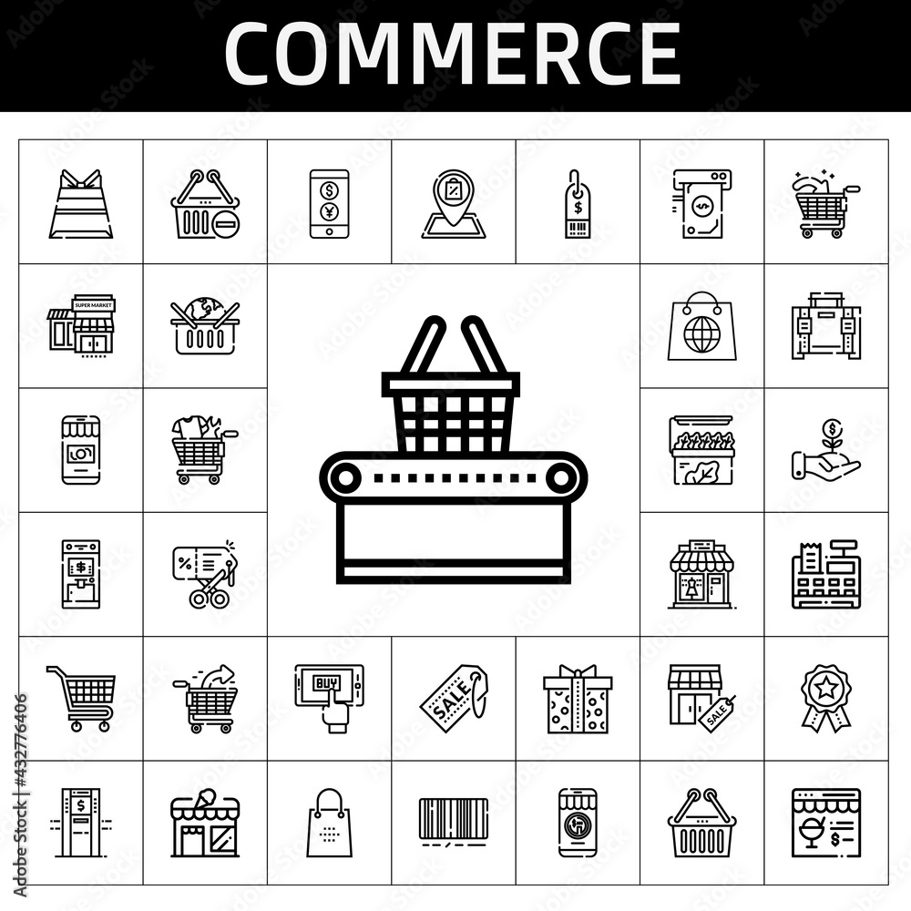 commerce icon set. line icon style. commerce related icons such as online shopping, shop, cash register, discount, shopping basket, supermarket, supermarket gift, online shop