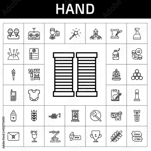 hand icon set. line icon style. hand related icons such as needles, russian banya, industry, phone box, body, branch, robot, detergent, literature, ice cream, cellphone, window cleaner