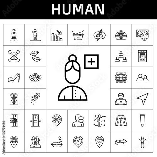 human icon set. line icon style. human related icons such as next, cursor, gender, hierarchical structure, exercise, kiss, skills, vision, loss, washing, cage, socrates, tooth paste
