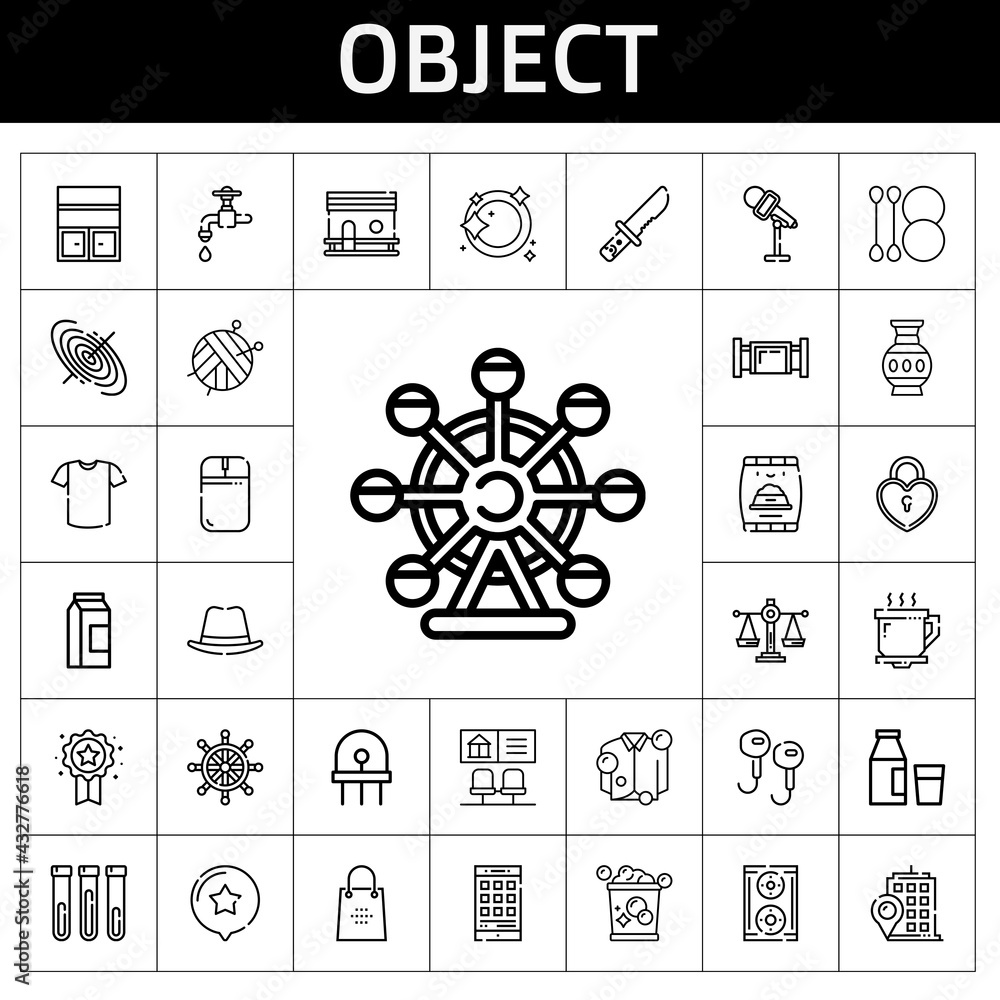 object icon set. line icon style. object related icons such as pet food, smartphone, scale, vase, padlock, building, ball, mouse, bank, chicken coop, coffee cup, rudder