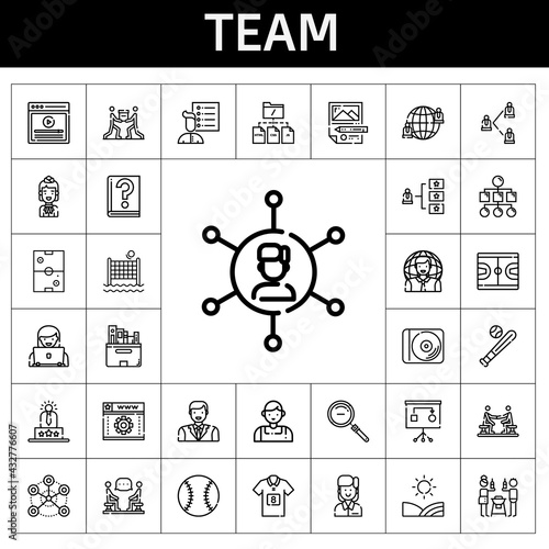 team icon set. line icon style. team related icons such as volley, networking, video, discussion, employee, air hockey, network, skills, football jersey, basketball, user list