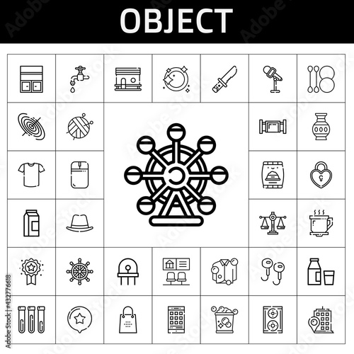 object icon set. line icon style. object related icons such as pet food, smartphone, scale, vase, padlock, building, ball, mouse, bank, chicken coop, coffee cup, rudder