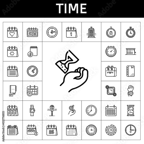 time icon set. line icon style. time related icons such as calendar, smartwatch, police box, limited time, wall clock, parking meter, clock, agenda, newtons cradle, stopclock