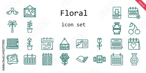 floral icon set. line icon style. floral related icons such as calendar, cherry, bouquet, vase, tulip, picture, pictures, palm tree, love birds, plant, cutting, rose, hermes, wedding invitation,