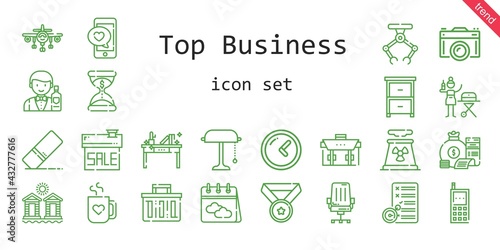 top business icon set. line icon style. top business related icons such as calendar, barman, eraser, smartphone, briefcase, chair, drawer, portable, clock, nuclear plant, money bag