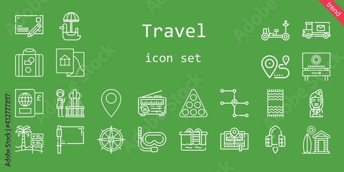 travel icon set. line icon style. travel related icons such as news, flag, beach towel, snorkel, pool, cabin, pedal boat, geyser, spaceship, moon rover, stewardess, passport, pin, mail truck, compass