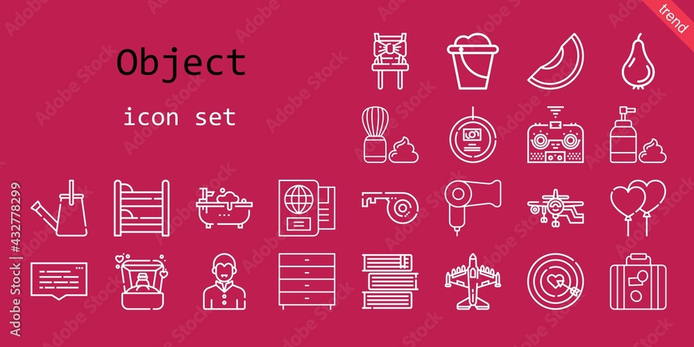 object icon set. line icon style. object related icons such as shaving brush, foam, balloons, ring, remote control, chair, dart board, speech bubble, bucket, bathtub, pear, books, passport, luggage object icon set. line icon style. object related icons such as shaving brush, foam, balloons, ring, remote control, chair, dart board, speech bubble, bucket, bathtub, pear, books, passport, luggage